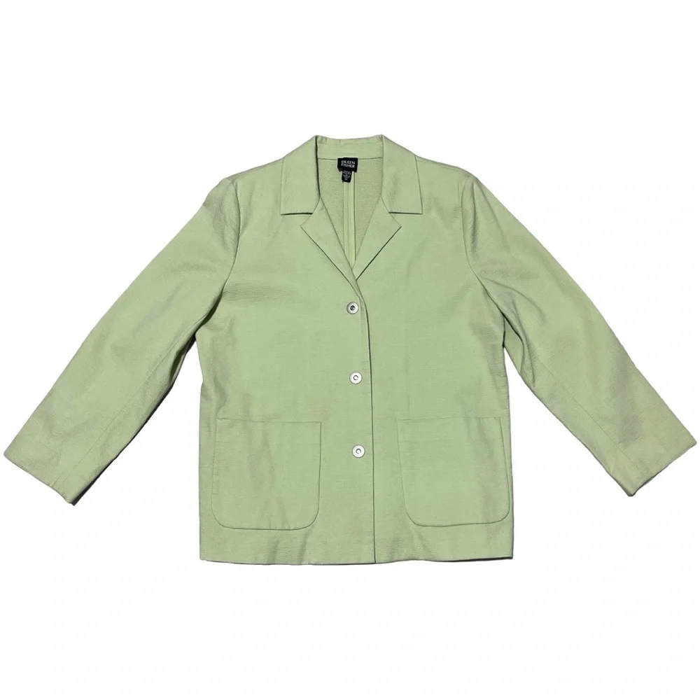 Eileen Fisher Textured Cotton Green Snap Jacket Blazer  Size M
